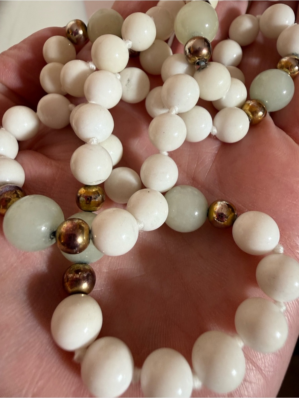 Vintage estate white pale green jade beaded Necklace 24 in